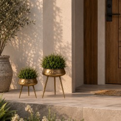 Set De 2 Macetas Gold Con Pedestal